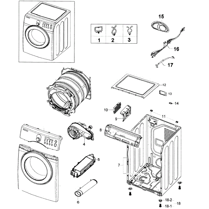 Main Assembly Diagram and Parts List for DV209AEW XAA-00 Samsung Dryer
