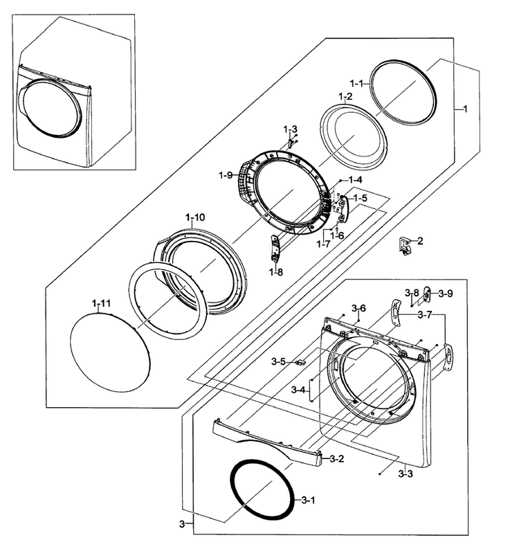 Front/door Assy Diagram and Parts List for DV448AEW XAA-0002 Samsung Dryer