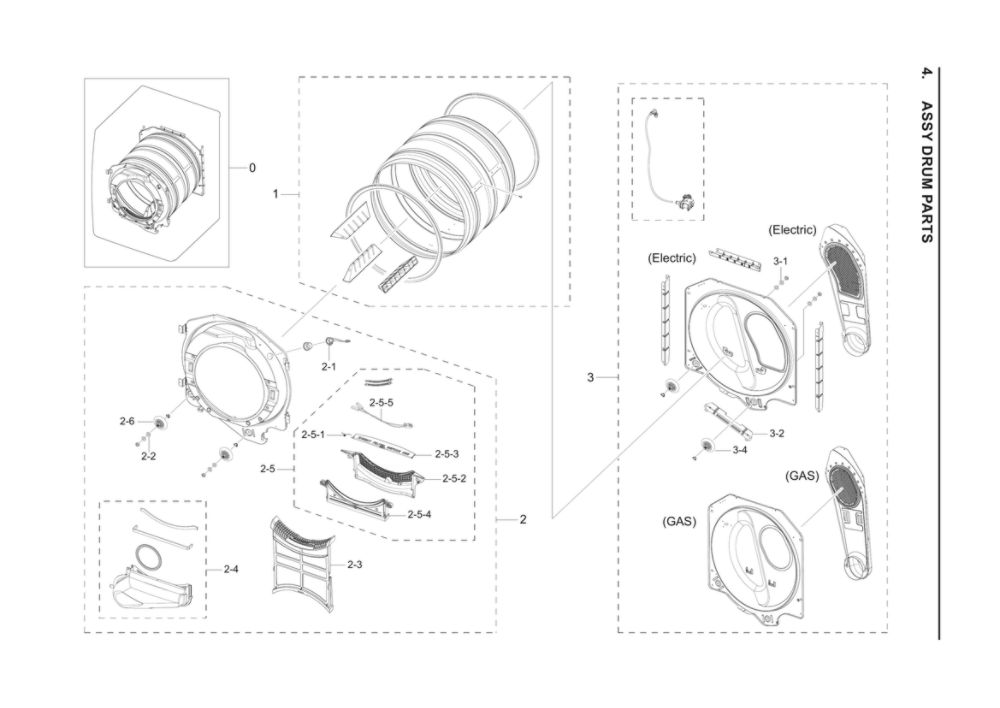 Drum Assembly Diagram and Parts List for DVE45R6100V A3-00 Samsung Dryer