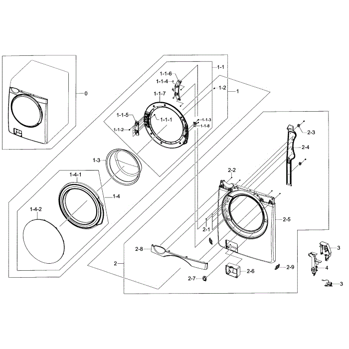 Front Assembly Diagram and Parts List for WF405ATPASU A2-00 Samsung Washer