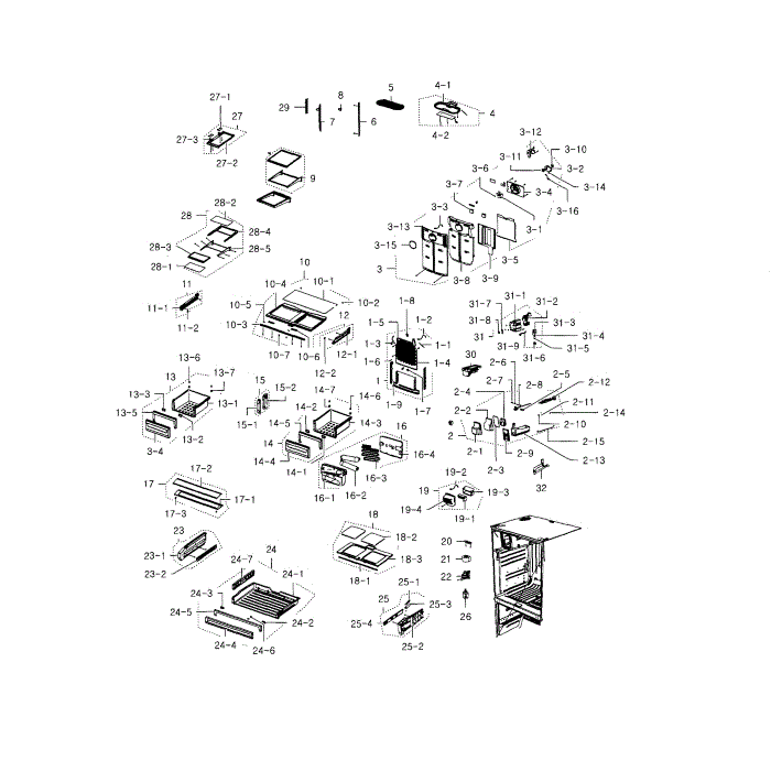Fridge Diagram and Parts List for RFG237AAWP XAA-01 Samsung Refrigerator