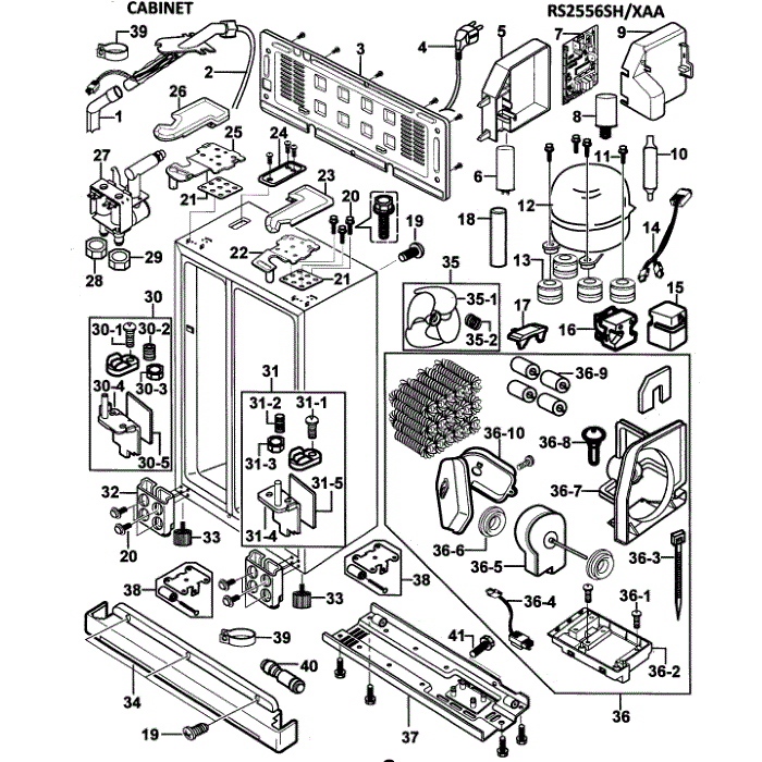 Cabinet Diagram and Parts List for RS2556SH XAA-00 Samsung Refrigerator