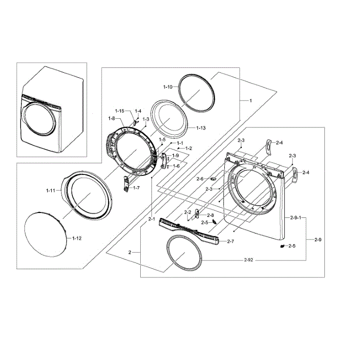 Front And Door Diagram and Parts List for DV405GTPASU AA-00 Samsung Dryer