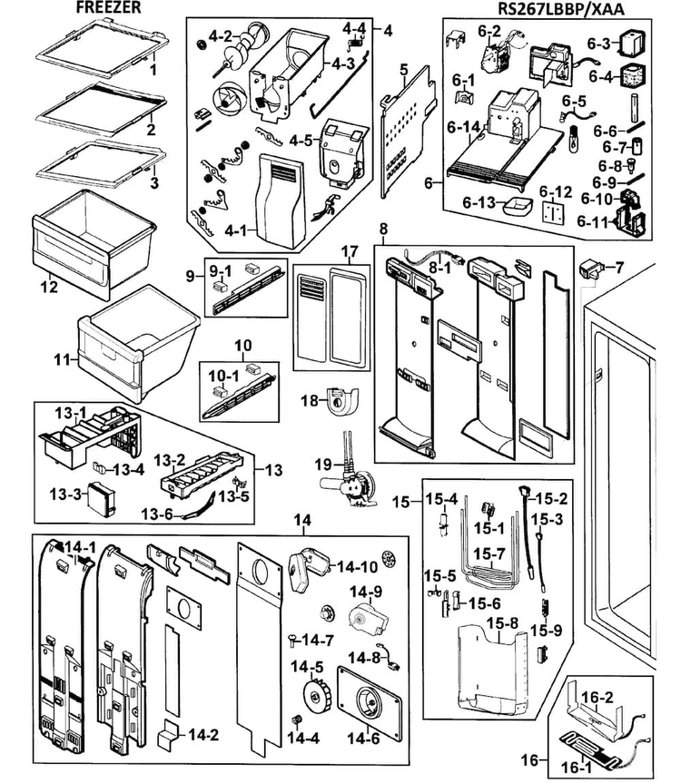 Freezer Diagram and Parts List for RS267LBBP XAA-0000 Samsung Refrigerator