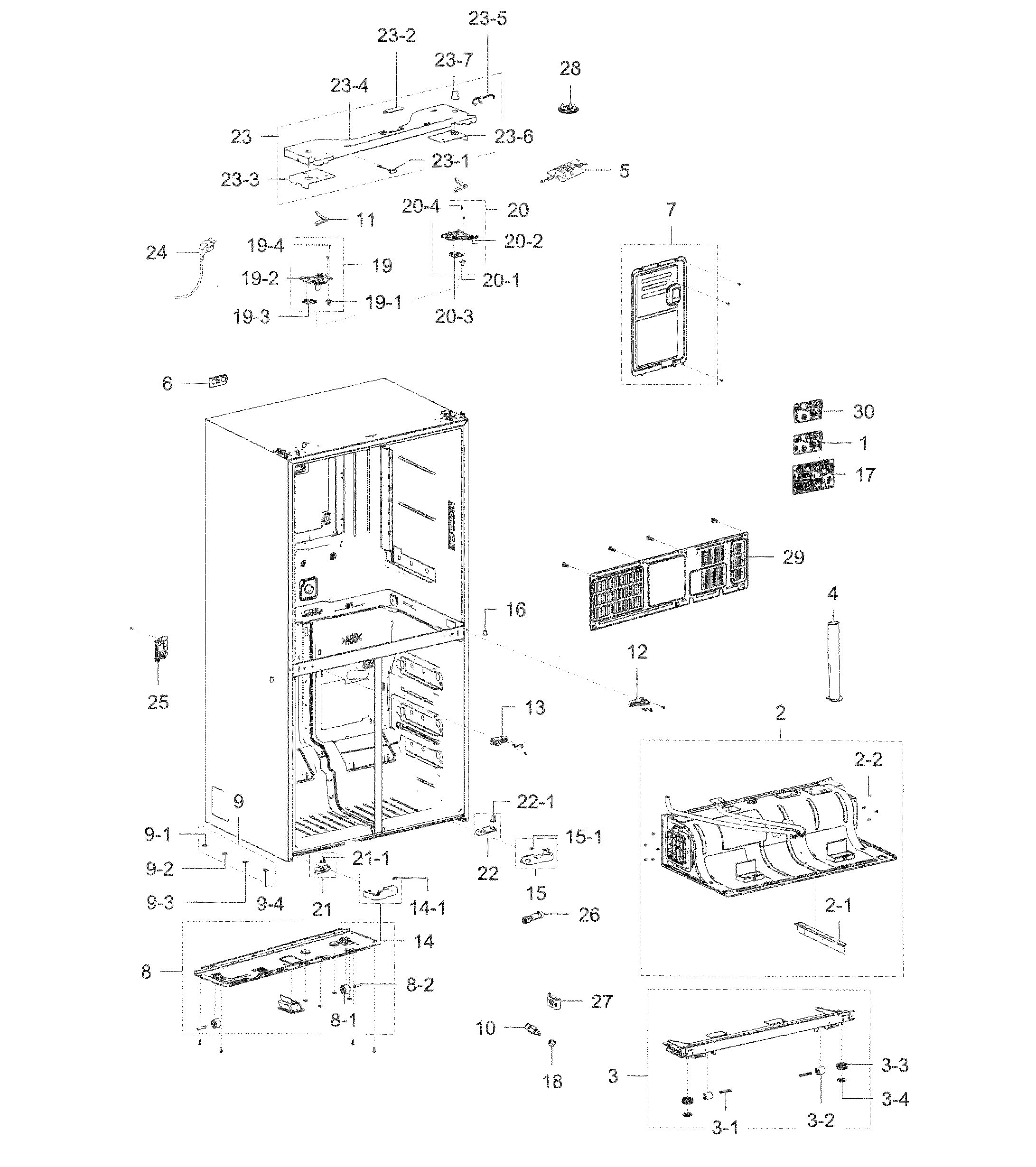 Cabinet Diagram and Parts List for RF22K9581SR AA-0000 Samsung Refrigerator