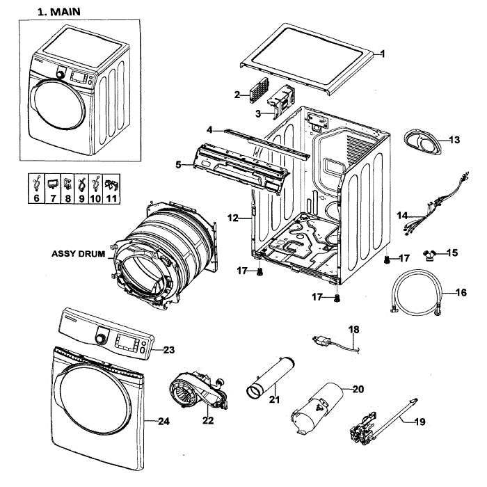 Main Assembly Diagram and Parts List for DV419AGU XAA-02 Samsung Dryer