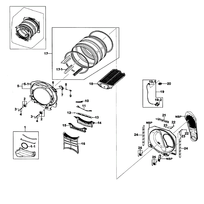 Drum Assembly Diagram and Parts List for DV511AER XAA-00 Samsung Dryer