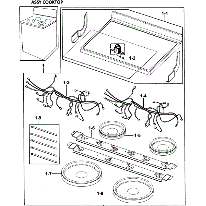 Cooktop Assembly Diagram and Parts List for FER300SX XAA-00 Samsung Range