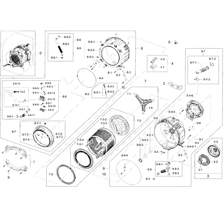 Tub Assy Diagram and Parts List for WF45H6300AG A2-0000 Samsung Washer