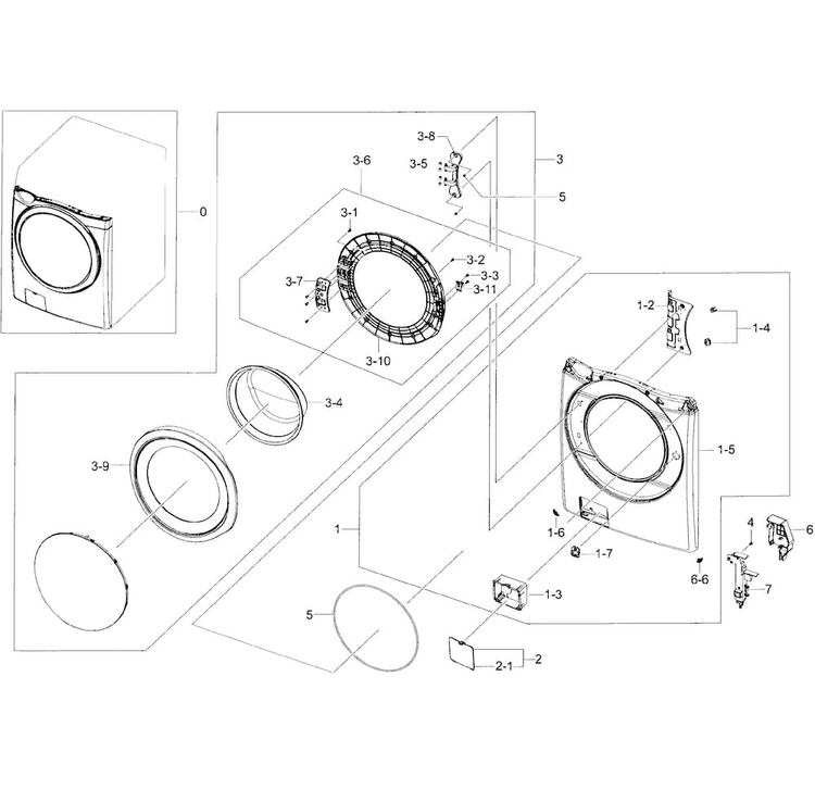 Front/door Section Diagram and Parts List for WF45H6300AW A2-0001 Samsung Washer
