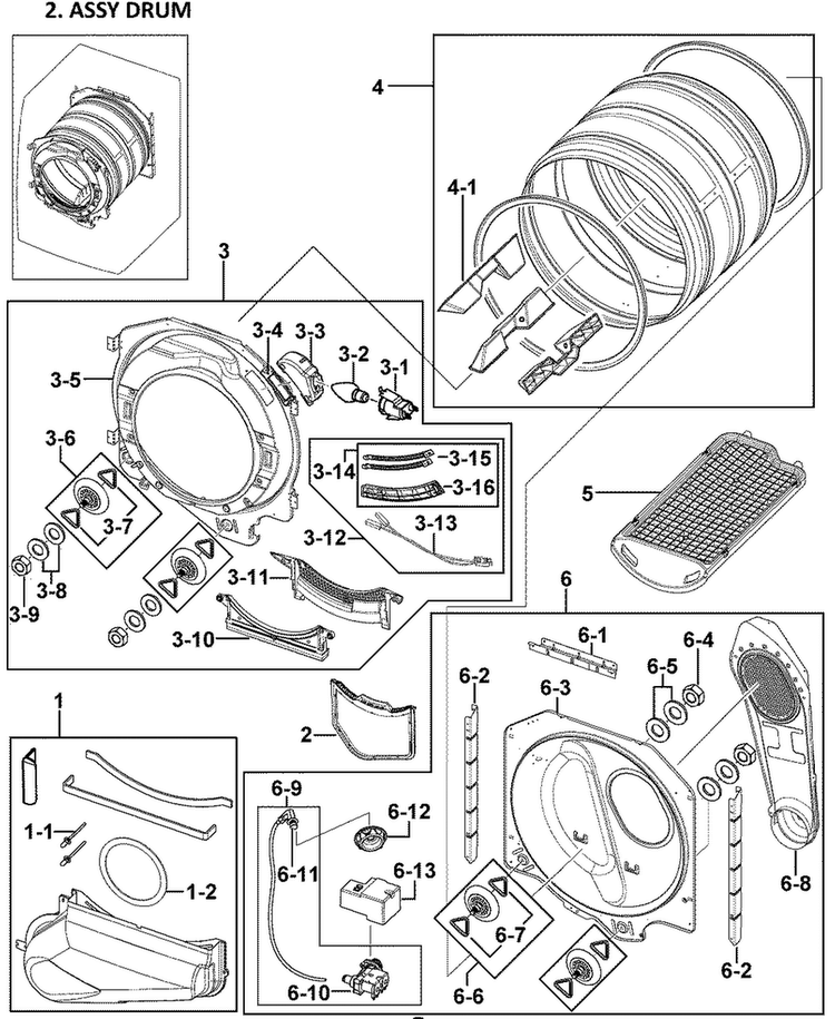 Drum Assy Diagram and Parts List for DV409AGR XAA-0000 Samsung Dryer