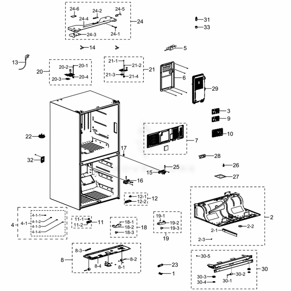 Cabinet 1 Diagram and Parts List for RF28K9070SG (AA)(0005) Samsung Refrigerator