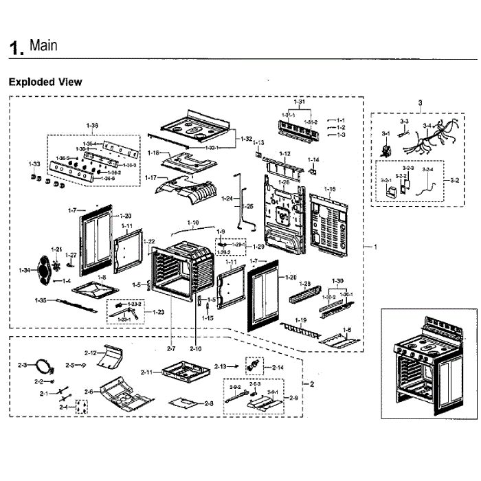 Main Assembly Diagram and Parts List for NX58M6650WG AA-00 Samsung Range
