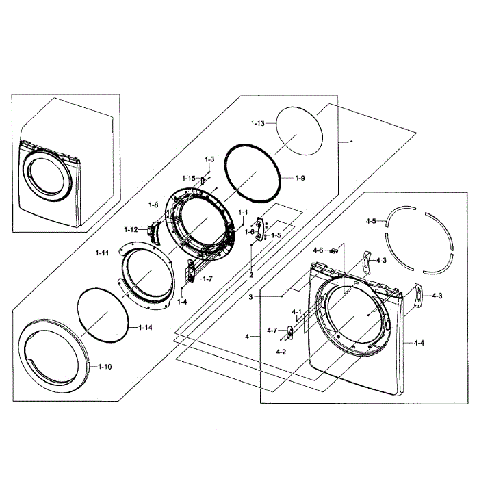 Front / Door Assembly Diagram and Parts List for DV361EWBEWR A3-01 Samsung Dryer
