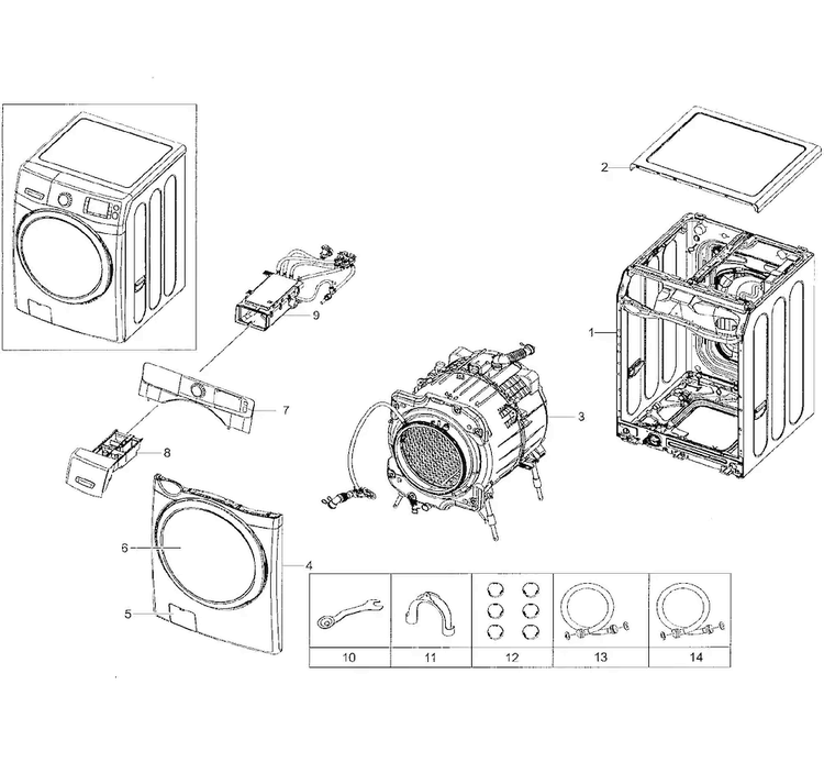 Main Diagram and Parts List for WF42H5000AW A2-0001 Samsung Washer