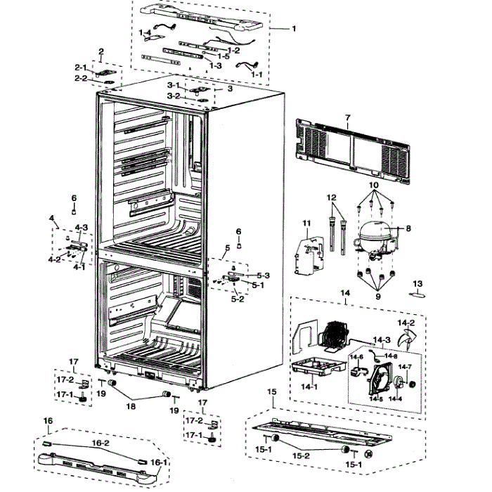 Cabinet Diagram and Parts List for RF197ABWP XAA-00 Samsung Refrigerator