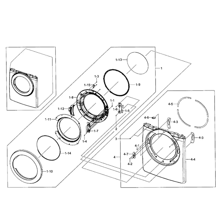 Front Assy Diagram and Parts List for DV231AGW XAA-0001 Samsung Dryer
