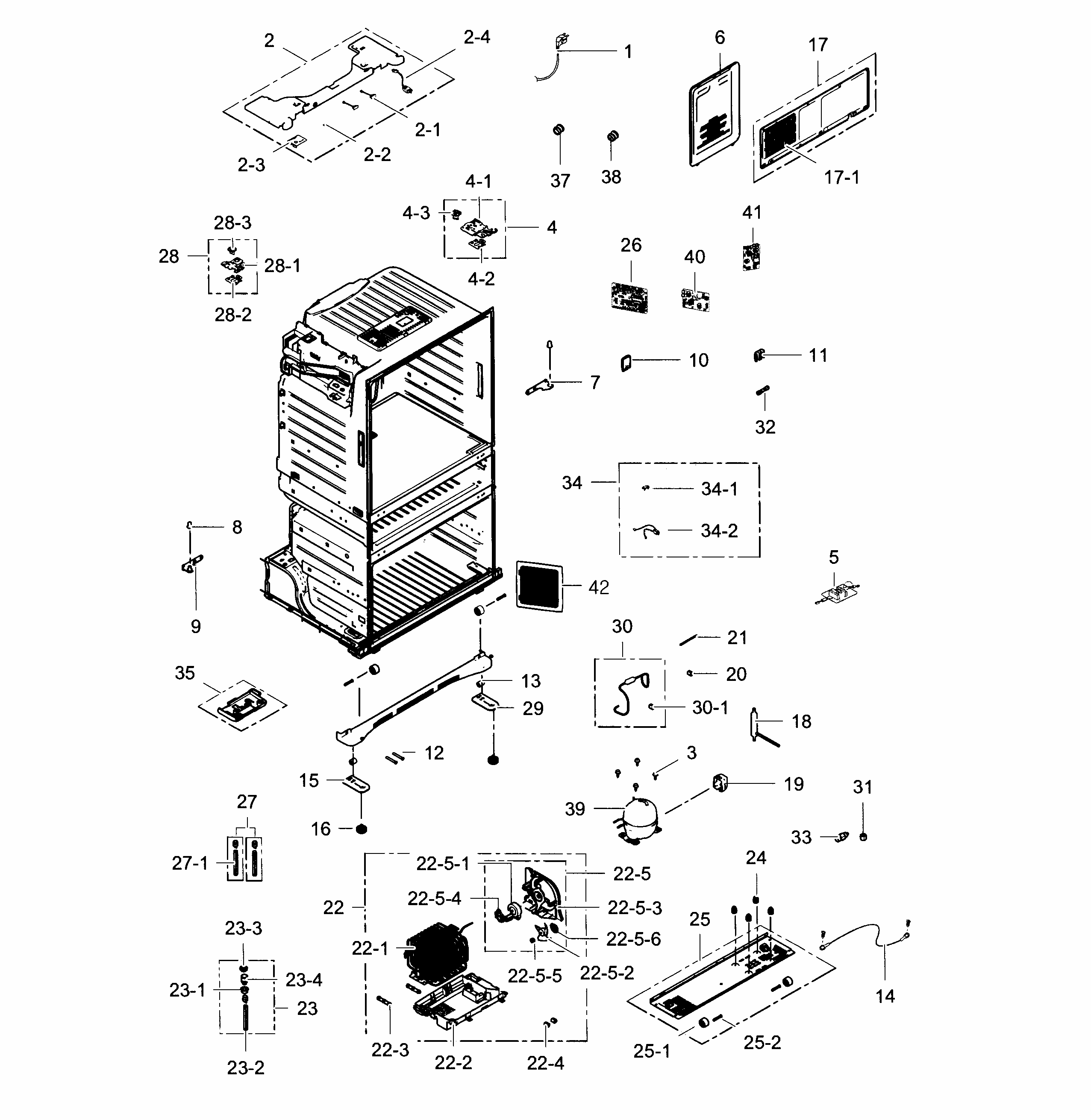 Cabinet Diagram and Parts List for RF25HMEDBBC AA-0001 Samsung Refrigerator