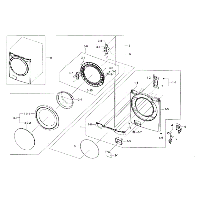 Frame Front And Door Diagram and Parts List for WF435ATGJRA A2-00 Samsung Washer