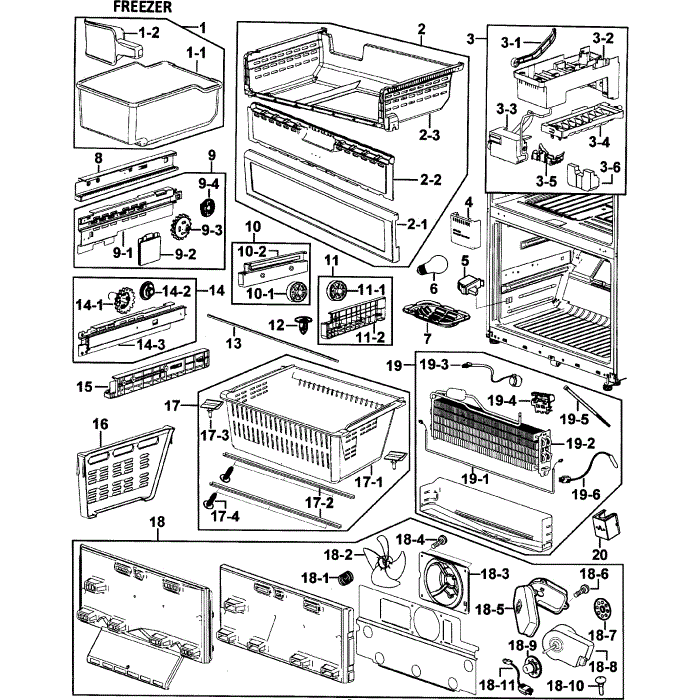 Freezer Diagram and Parts List for RF265ABBP XAA-00 Samsung Refrigerator
