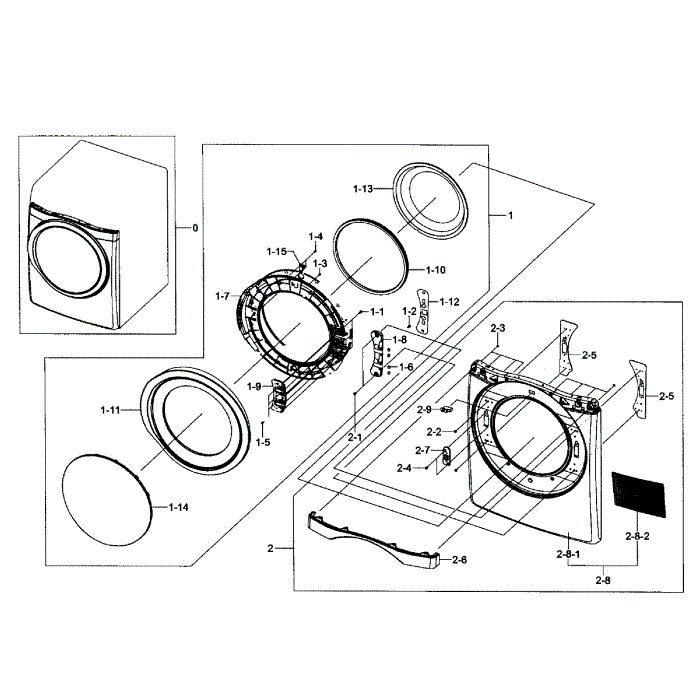 Front Assembly Diagram and Parts List for DV457EVGSGR AA-0F Samsung Dryer