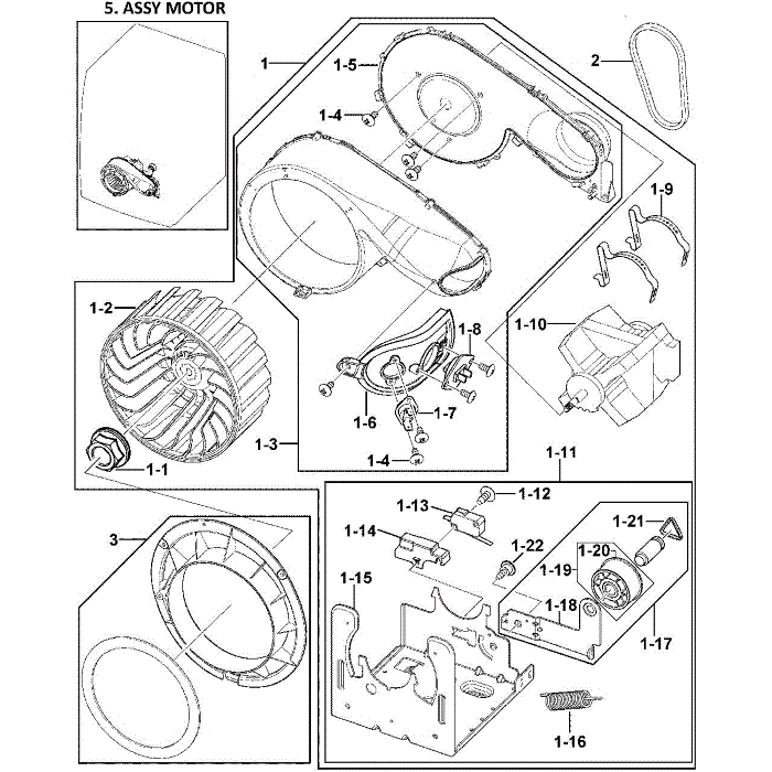 Motor Assembly Diagram and Parts List for DV419AEW XAA-00 Samsung Dryer