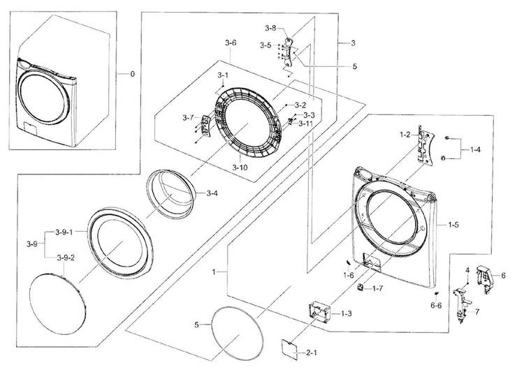 Frame Front & Door Diagram and Parts List for WF42H5200AP A2-0000 Samsung Washer