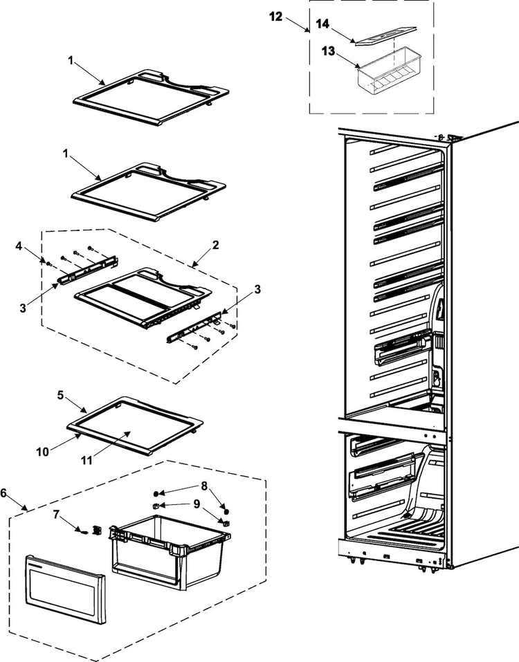 Refrigerator Shelves Diagram and Parts List for RM255BARB XAA Samsung Refrigerator