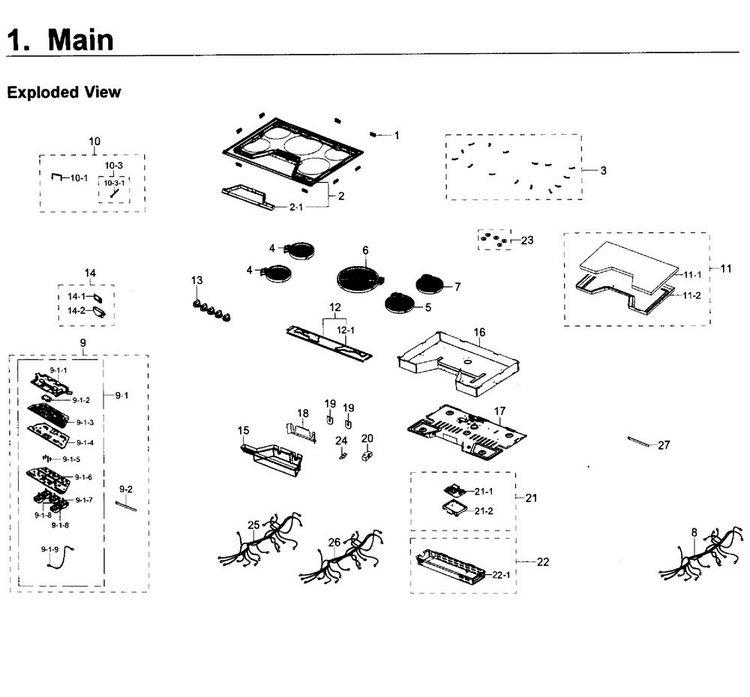 Main Asy Diagram and Parts List for NZ30K6330RS AA-0000 Samsung Cooktop
