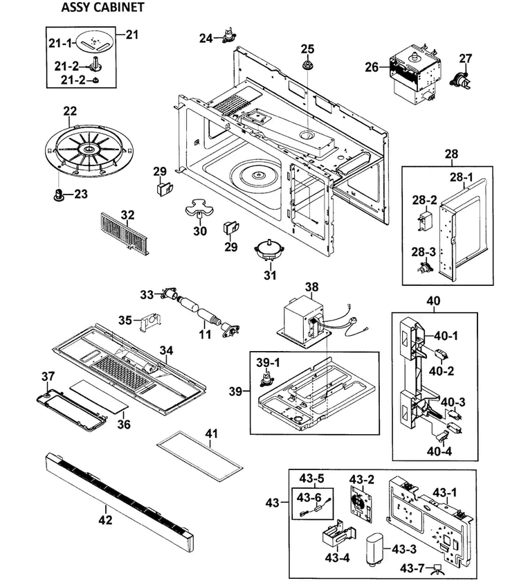 Cabinet 2 Assy Diagram and Parts List for SMH8165ST XAA-0001 Samsung Microwave