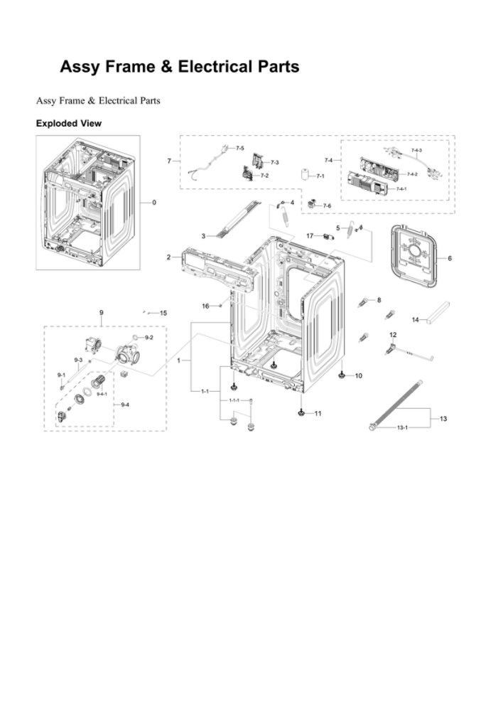 Frame And Electrical Parts Assembly Diagram and Parts List for WF45B6300AW US-00 Samsung Washer