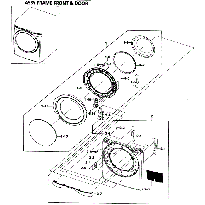 Front / Door Assembly Diagram and Parts List for DV511AGR XAA-00 Samsung Dryer