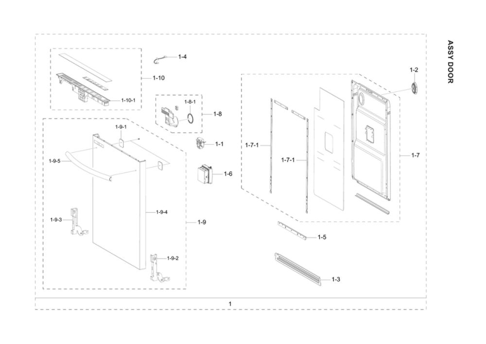 Door Assembly Diagram and Parts List for DW80R2031UG AA-00 Samsung Dishwasher