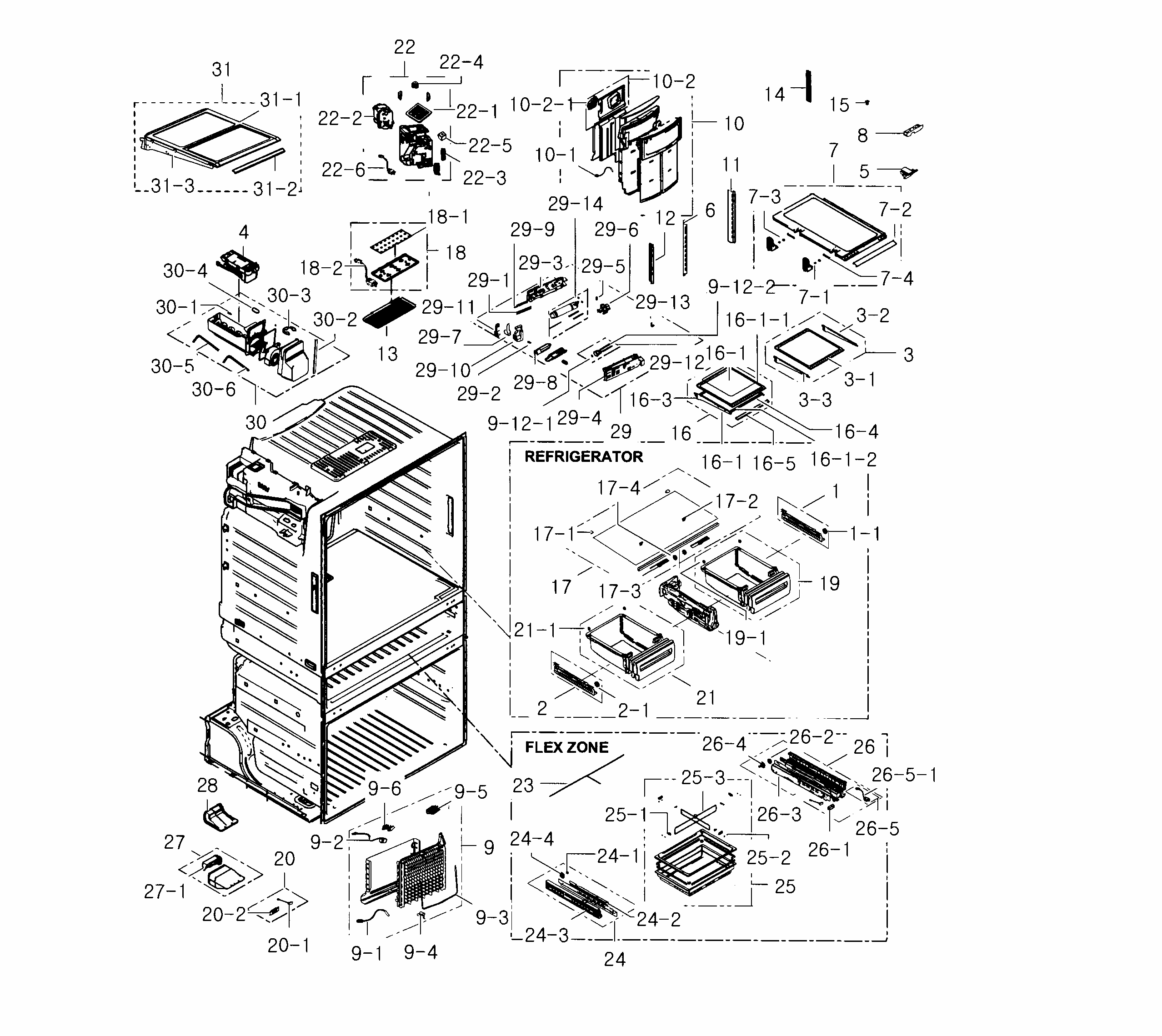 Refrigerator Diagram and Parts List for RF25HMEDBBC AA-0001 Samsung Refrigerator
