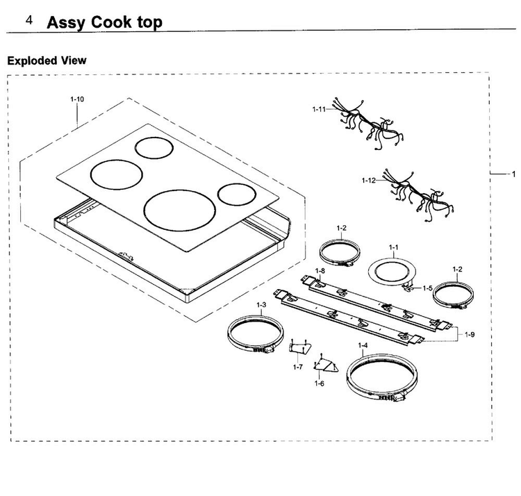 Cooktop Diagram and Parts List for NE59K3310SW AA-0000 Samsung Range