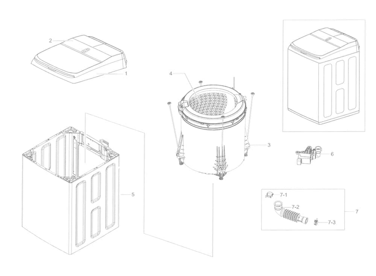 Main Asy Diagram and Parts List for WA45K7600AW A2-0000 Samsung Washer