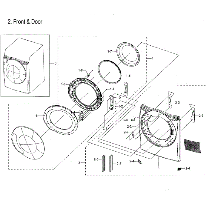 Frame Front And Door Diagram and Parts List for DVE45M5500Z A3-00 Samsung Dryer