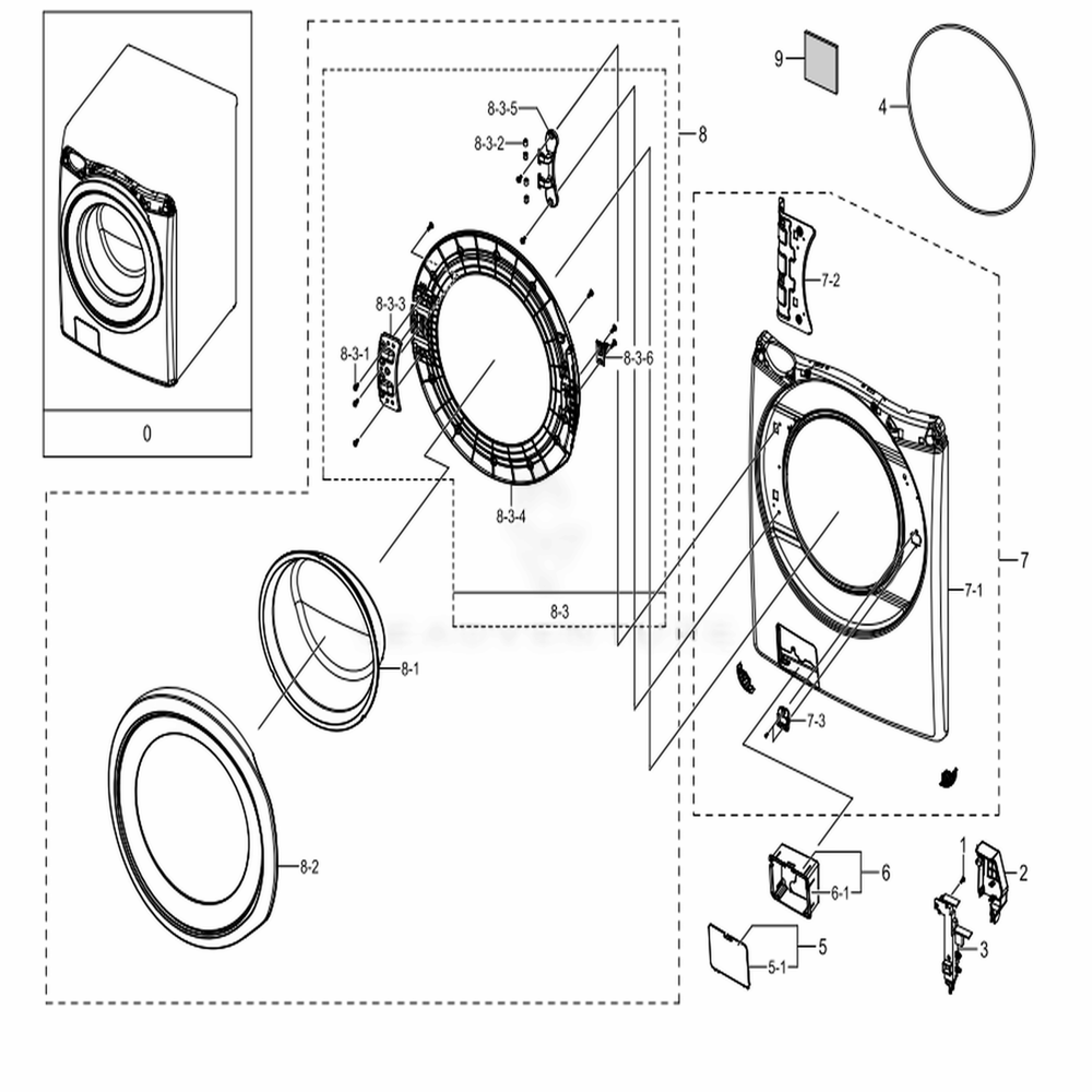 Assembly Front Parts Diagram and Parts List for WF45N5300AW (US)(0000) Samsung Washer