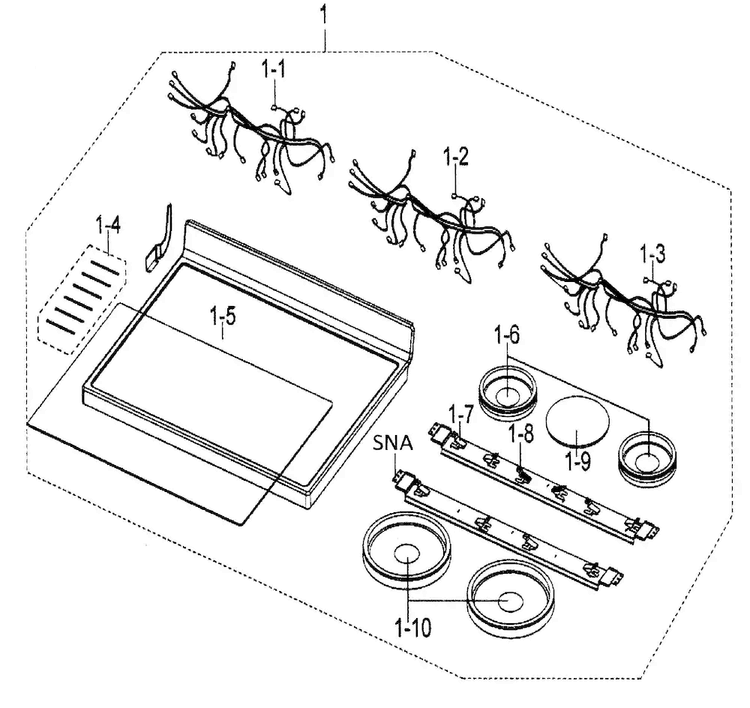 Cooktop Diagram and Parts List for FTQ352IWUW XAA-00 Samsung Range