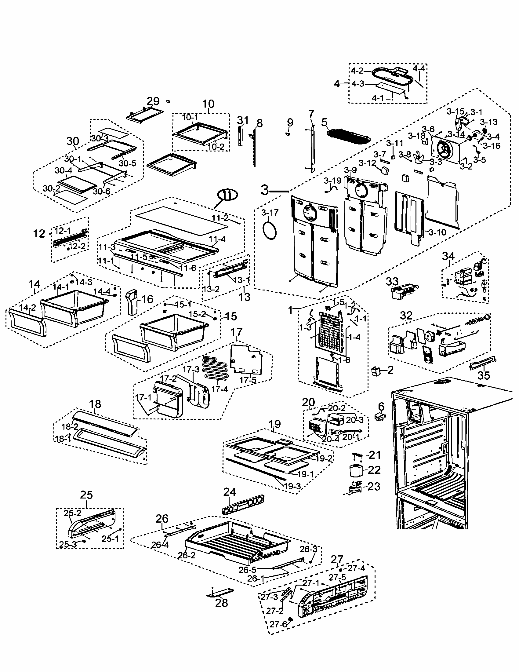 Freezer Diagram and Parts List for RF267AZWP XAA-0000 Samsung Refrigerator