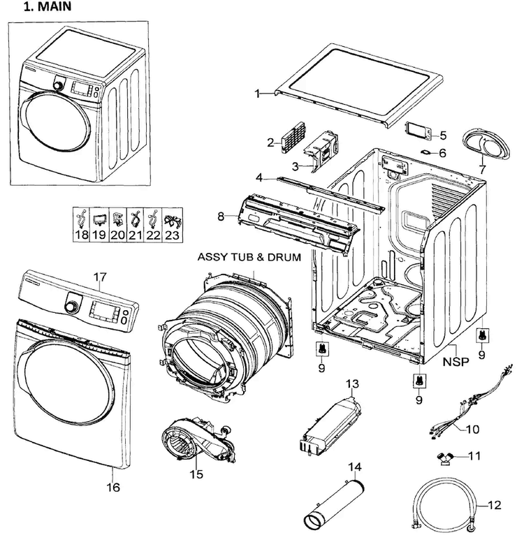 Main Assy Diagram and Parts List for DV419AEW XAA-0002 Samsung Dryer