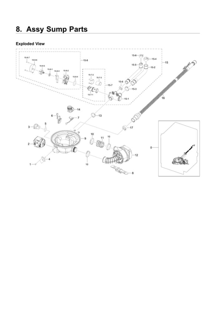 Sump Parts Assembly Diagram and Parts List for DW80R7060UG AA-00 Samsung Dishwasher