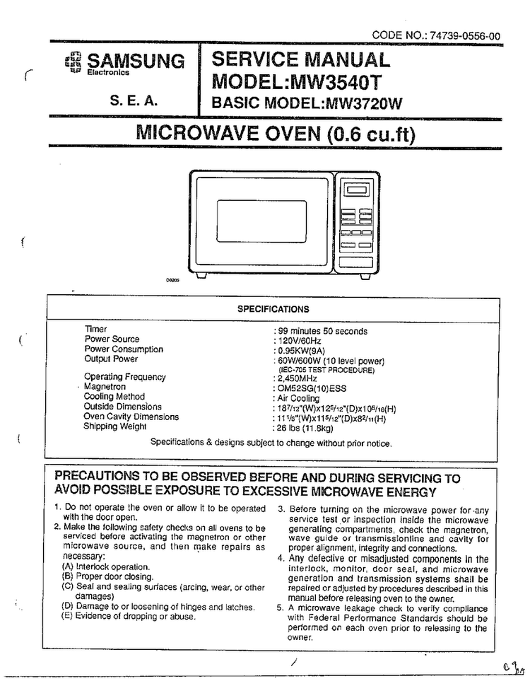 Microwave Oven Diagram and Parts List for MW3540T XAA Samsung Microwave