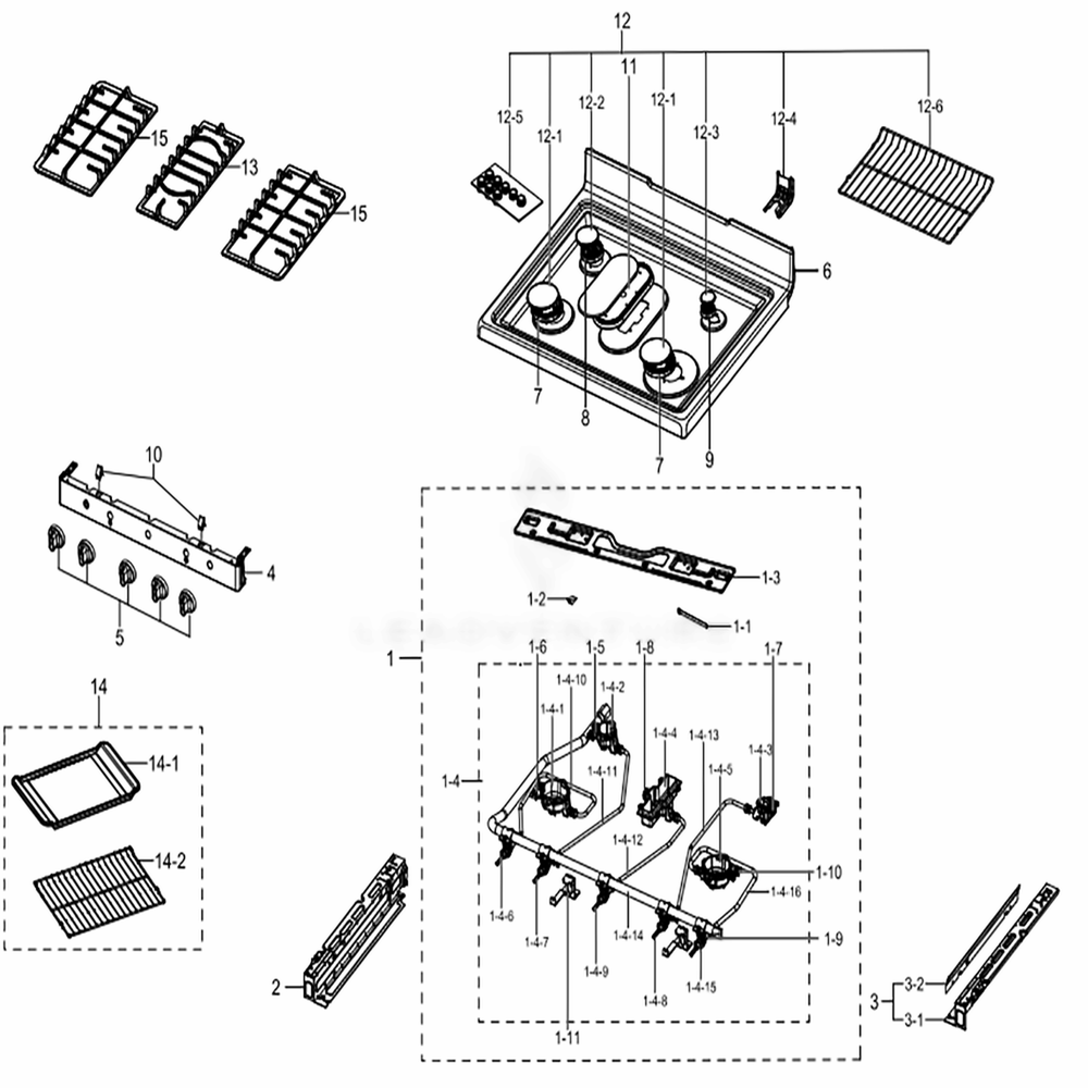 Assembly Cook Top Diagram and Parts List for NX58J5600SG (AA)(0001) Samsung Range