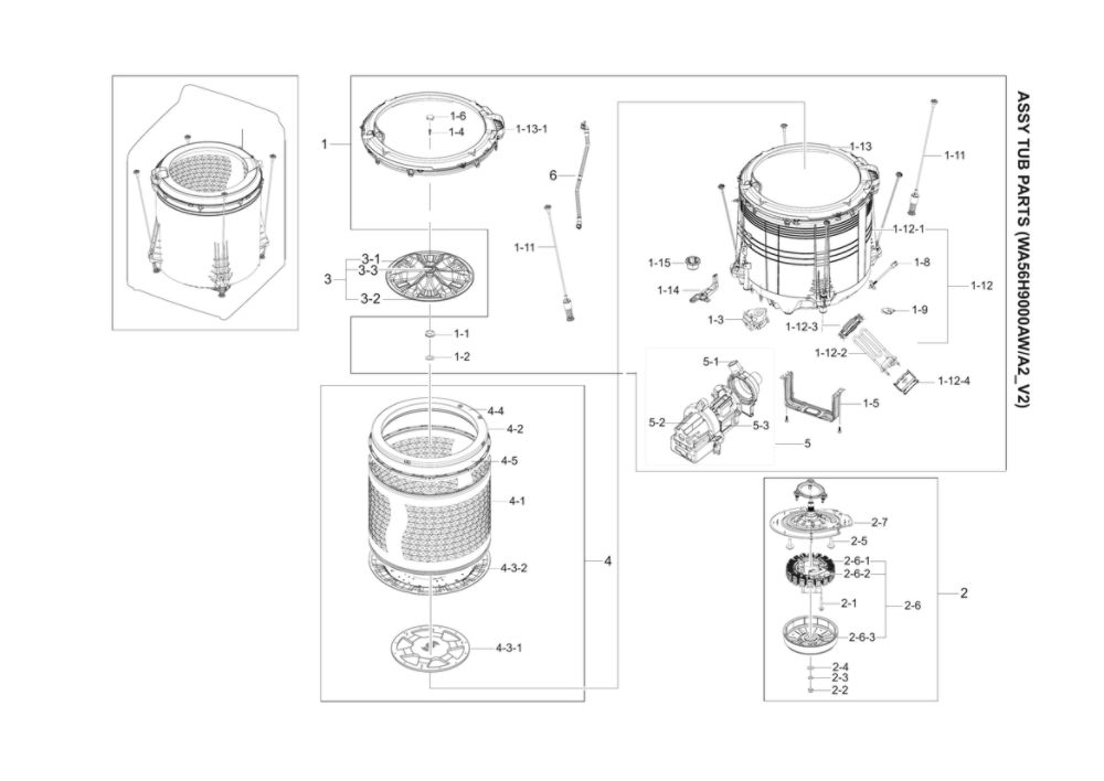 Tub Assembly Diagram and Parts List for WA56H9000AW A2-02 Samsung Washer