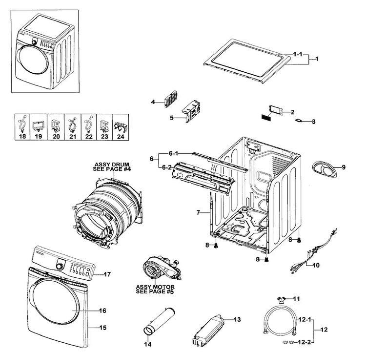 Main Assy Diagram and Parts List for DV409AER XAA-0001 Samsung Dryer