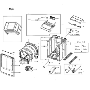 Main Assembly Diagram and Parts List for DVG54M8750W A3-0000 Samsung Dryer