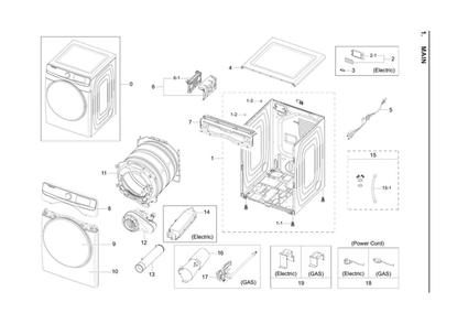 Main Assembly Diagram and Parts List for DVE45R6100V A3-00 Samsung Dryer