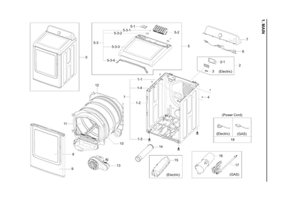 Main Assembly Diagram and Parts List for DV40J3000EW A2-02 Samsung Dryer