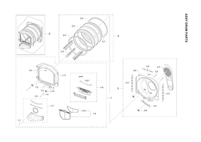 Drum Assembly Diagram and Parts List for DVE45T3400V A3-00 Samsung Dryer
